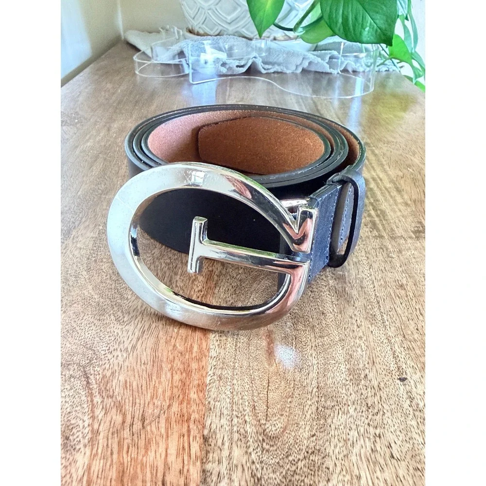 Guess Leather Belt Men XL Black Silver G Logo Buckle Leather